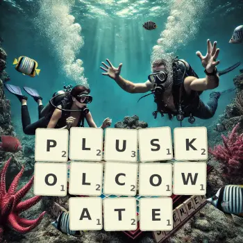 Kreatywna ilustracja do gry w Scrabble ze słowem PLUSKOLCOWATE ułożonym z płytek na planszy.