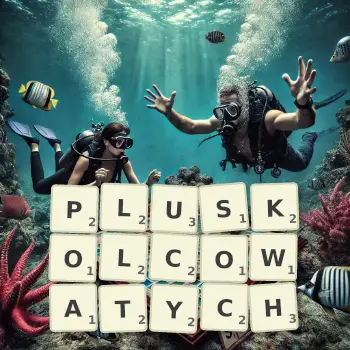 Kreatywna ilustracja do gry w Scrabble ze słowem PLUSKOLCOWATYCH ułożonym z płytek na planszy.