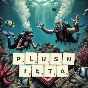 Kreatywna ilustracja do gry w Scrabble ze słowem PLUŚNIĘTĄ ułożonym z płytek na planszy.