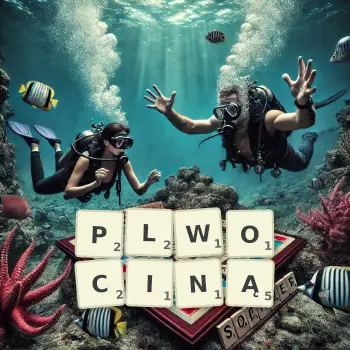 Kreatywna ilustracja do gry w Scrabble ze słowem PLWOCINĄ ułożonym z płytek na planszy.