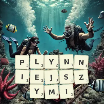 Kreatywna ilustracja do gry w Scrabble ze słowem PLYNNIEJSZYMI ułożonym z płytek na planszy.