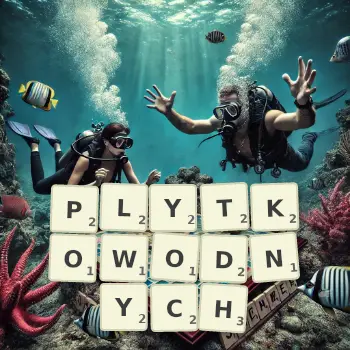 Kreatywna ilustracja do gry w Scrabble ze słowem PLYTKOWODNYCH ułożonym z płytek na planszy.