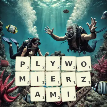 Kreatywna ilustracja do gry w Scrabble ze słowem PLYWOMIERZAMI ułożonym z płytek na planszy.