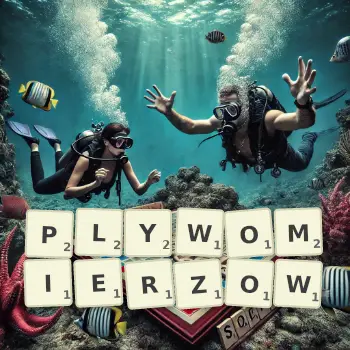 Kreatywna ilustracja do gry w Scrabble ze słowem PLYWOMIERZOW ułożonym z płytek na planszy.