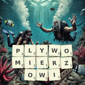 Kreatywna ilustracja do gry w Scrabble ze słowem PLYWOMIERZOWI ułożonym z płytek na planszy.