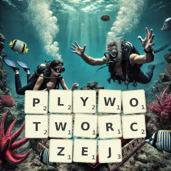 Kreatywna ilustracja do gry w Scrabble ze słowem PLYWOTWORCZEJ ułożonym z płytek na planszy.