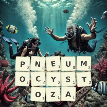 Kreatywna ilustracja do gry w Scrabble ze słowem PNEUMOCYSTOZA ułożonym z płytek na planszy.