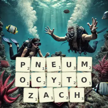 Kreatywna ilustracja do gry w Scrabble ze słowem PNEUMOCYTOZACH ułożonym z płytek na planszy.