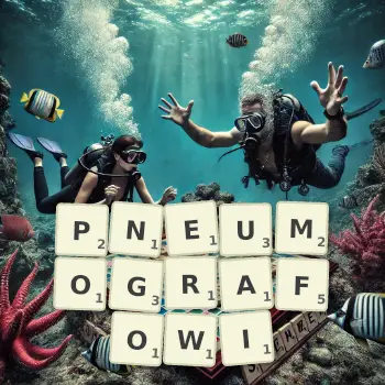 Kreatywna ilustracja do gry w Scrabble ze słowem PNEUMOGRAFOWI ułożonym z płytek na planszy.
