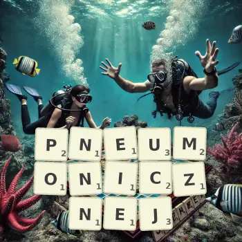 Kreatywna ilustracja do gry w Scrabble ze słowem PNEUMONICZNEJ ułożonym z płytek na planszy.