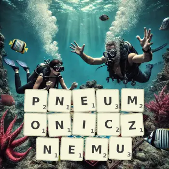 Kreatywna ilustracja do gry w Scrabble ze słowem PNEUMONICZNEMU ułożonym z płytek na planszy.