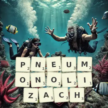 Kreatywna ilustracja do gry w Scrabble ze słowem PNEUMONOLIZACH ułożonym z płytek na planszy.