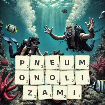 Kreatywna ilustracja do gry w Scrabble ze słowem PNEUMONOLIZAMI ułożonym z płytek na planszy.