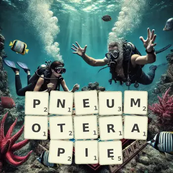 Kreatywna ilustracja do gry w Scrabble ze słowem PNEUMOTERAPIĘ ułożonym z płytek na planszy.