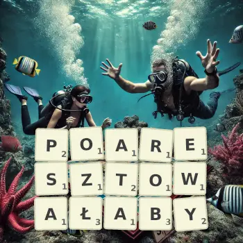 Kreatywna ilustracja do gry w Scrabble ze słowem POARESZTOWAŁABY ułożonym z płytek na planszy.