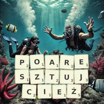 Kreatywna ilustracja do gry w Scrabble ze słowem POARESZTUJCIEŻ ułożonym z płytek na planszy.