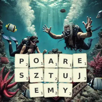 Kreatywna ilustracja do gry w Scrabble ze słowem POARESZTUJEMY ułożonym z płytek na planszy.