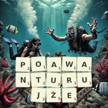 Kreatywna ilustracja do gry w Scrabble ze słowem POAWANTURUJŻE ułożonym z płytek na planszy.