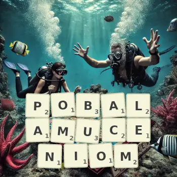 Kreatywna ilustracja do gry w Scrabble ze słowem POBALAMUCENIOM ułożonym z płytek na planszy.