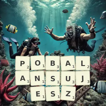 Kreatywna ilustracja do gry w Scrabble ze słowem POBALANSUJESZ ułożonym z płytek na planszy.