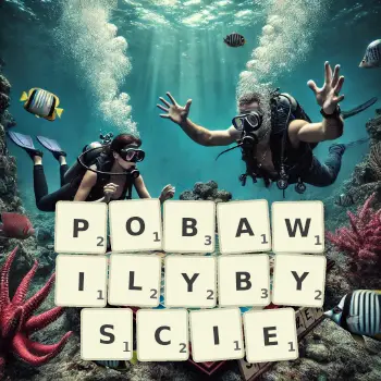 Kreatywna ilustracja do gry w Scrabble ze słowem POBAWILYBYSCIE ułożonym z płytek na planszy.