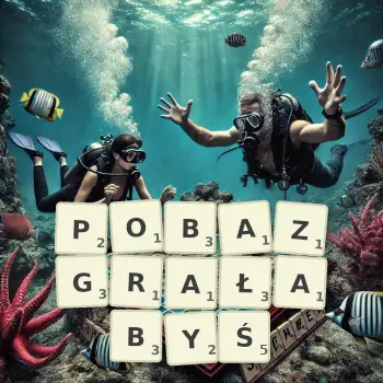 Kreatywna ilustracja do gry w Scrabble ze słowem POBAZGRAŁABYŚ ułożonym z płytek na planszy.