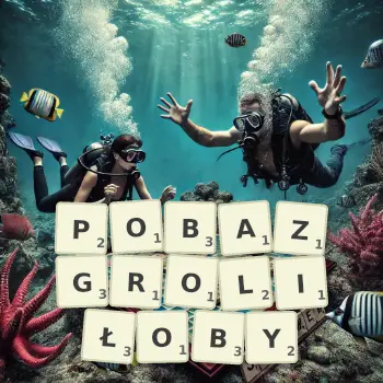 Kreatywna ilustracja do gry w Scrabble ze słowem POBAZGROLIŁOBY ułożonym z płytek na planszy.