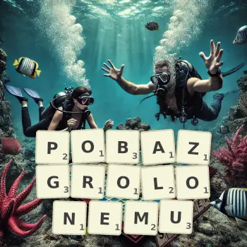 Kreatywna ilustracja do gry w Scrabble ze słowem POBAZGROLONEMU ułożonym z płytek na planszy.