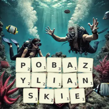 Kreatywna ilustracja do gry w Scrabble ze słowem POBAZYLIANSKIE ułożonym z płytek na planszy.