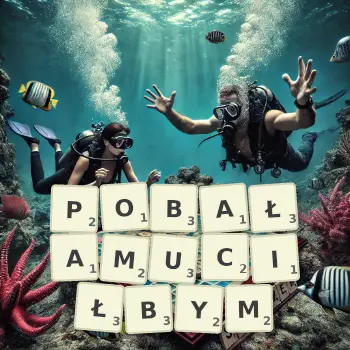 Kreatywna ilustracja do gry w Scrabble ze słowem POBAŁAMUCIŁBYM ułożonym z płytek na planszy.