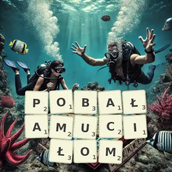 Kreatywna ilustracja do gry w Scrabble ze słowem POBAŁAMUCIŁOM ułożonym z płytek na planszy.