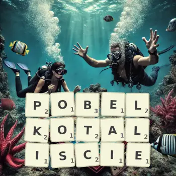 Kreatywna ilustracja do gry w Scrabble ze słowem POBELKOTALISCIE ułożonym z płytek na planszy.