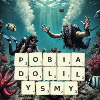 Kreatywna ilustracja do gry w Scrabble ze słowem POBIADOLILYSMY ułożonym z płytek na planszy.
