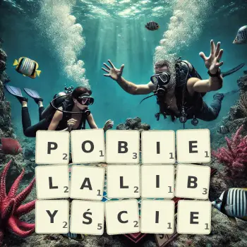 Kreatywna ilustracja do gry w Scrabble ze słowem POBIELALIBYŚCIE ułożonym z płytek na planszy.