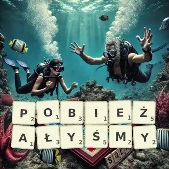 Kreatywna ilustracja do gry w Scrabble ze słowem POBIEŻAŁYŚMY ułożonym z płytek na planszy.