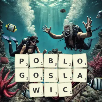 Kreatywna ilustracja do gry w Scrabble ze słowem POBLOGOSLAWIC ułożonym z płytek na planszy.