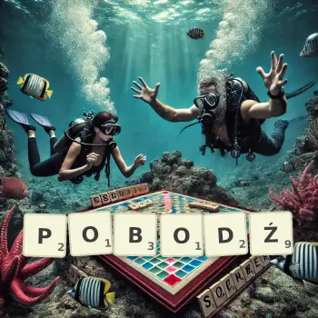 Kreatywna ilustracja do gry w Scrabble ze słowem POBODŹ ułożonym z płytek na planszy.