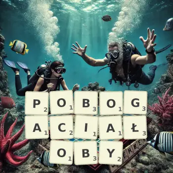 Kreatywna ilustracja do gry w Scrabble ze słowem POBOGACIAŁOBY ułożonym z płytek na planszy.
