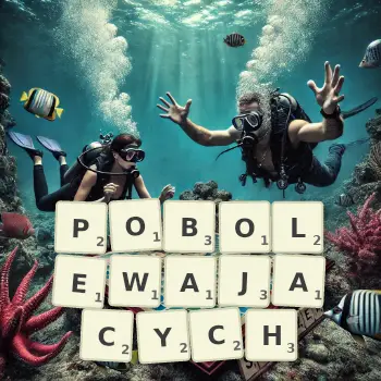 Kreatywna ilustracja do gry w Scrabble ze słowem POBOLEWAJACYCH ułożonym z płytek na planszy.