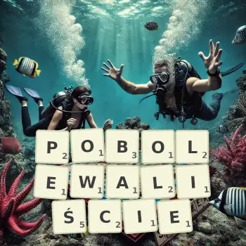 Kreatywna ilustracja do gry w Scrabble ze słowem POBOLEWALIŚCIE ułożonym z płytek na planszy.