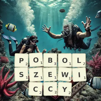 Kreatywna ilustracja do gry w Scrabble ze słowem POBOLSZEWICCY ułożonym z płytek na planszy.