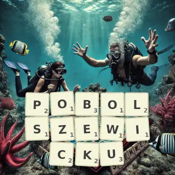 Kreatywna ilustracja do gry w Scrabble ze słowem POBOLSZEWICKU ułożonym z płytek na planszy.