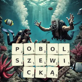 Kreatywna ilustracja do gry w Scrabble ze słowem POBOLSZEWICKĄ ułożonym z płytek na planszy.