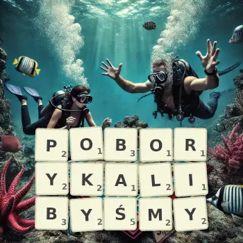 Kreatywna ilustracja do gry w Scrabble ze słowem POBORYKALIBYŚMY ułożonym z płytek na planszy.