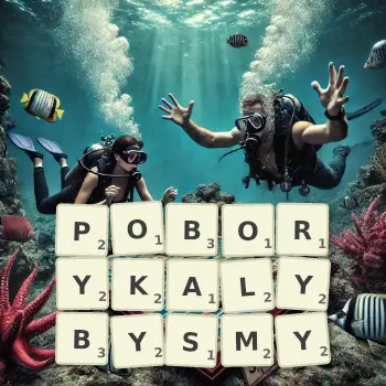 Kreatywna ilustracja do gry w Scrabble ze słowem POBORYKALYBYSMY ułożonym z płytek na planszy.