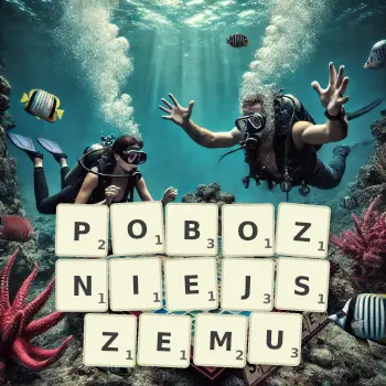 Kreatywna ilustracja do gry w Scrabble ze słowem POBOZNIEJSZEMU ułożonym z płytek na planszy.
