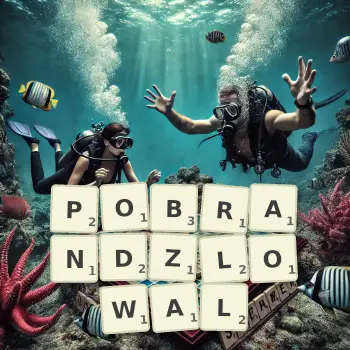 Kreatywna ilustracja do gry w Scrabble ze słowem POBRANDZLOWAL ułożonym z płytek na planszy.