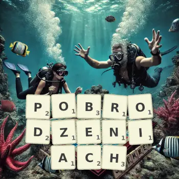 Kreatywna ilustracja do gry w Scrabble ze słowem POBRODZENIACH ułożonym z płytek na planszy.