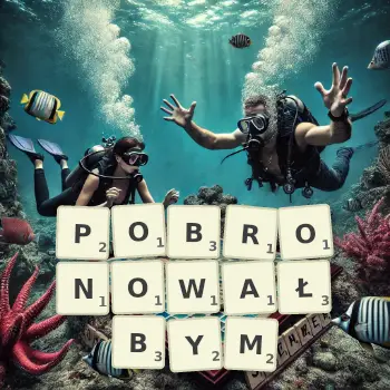 Kreatywna ilustracja do gry w Scrabble ze słowem POBRONOWAŁBYM ułożonym z płytek na planszy.