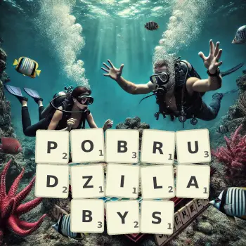 Kreatywna ilustracja do gry w Scrabble ze słowem POBRUDZILABYS ułożonym z płytek na planszy.